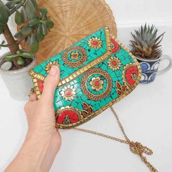 Antik Kraft Boho Amoli Brass & Mosaic Crossbody Clutch Turquoise Anthropologie - Picture 4 of 14